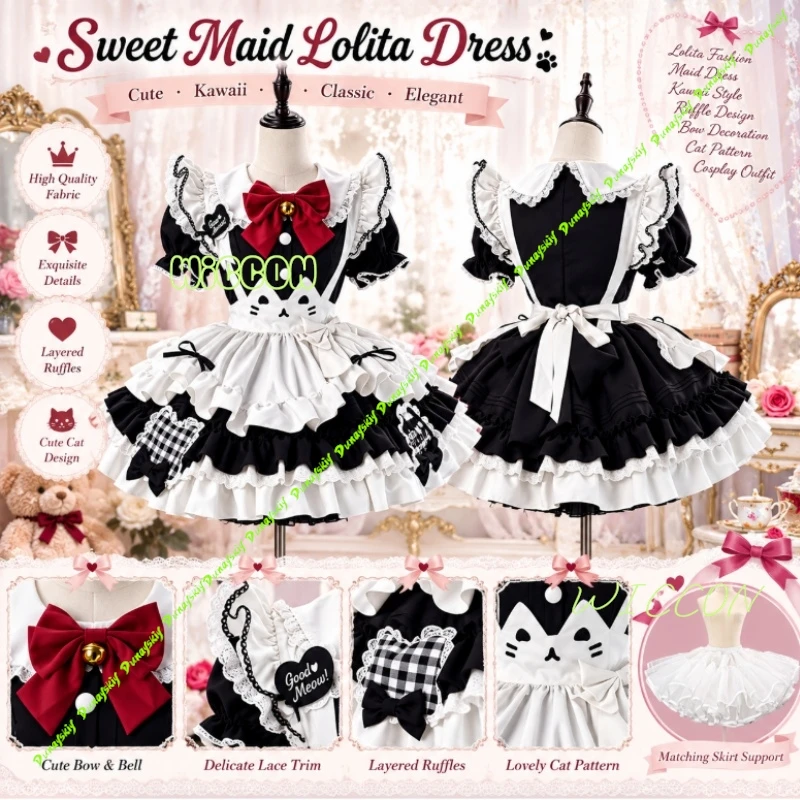 Conjunto de ropa estilo Lolita Kawaii, de inspiración japonesa, para mujer: vestido corto con mangas abullonadas, cuello en contraste, detalles de encaje, volantes, delantal y lazo, ideal para fiestas y disfraces.