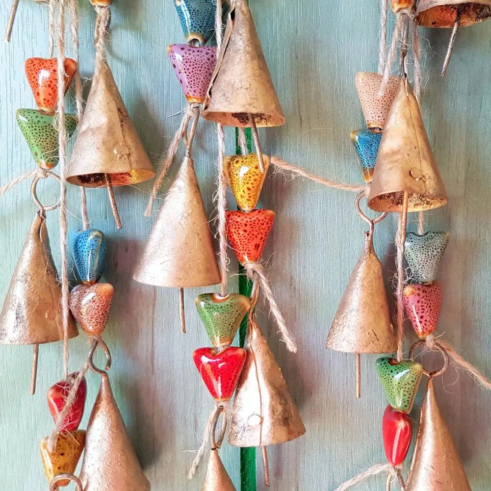 Wind Chime Decoration Bohemian Ceramic Bead Wind Chime Rustic Metal Cow Bell Cluster Jute Rope Hanging Outdoor Garden Patio