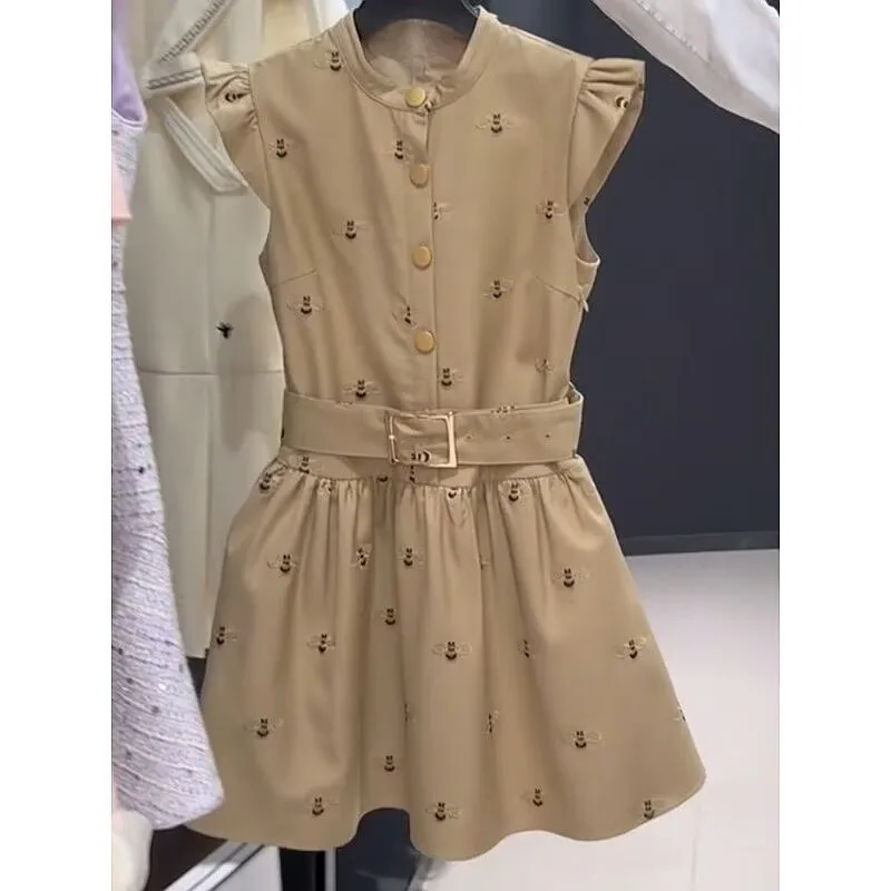 Commute Style Womens Clothes Summer New French Chic Design Flying Sleeves Khaki Print Dresses Daily Work Concise Dress for Women
