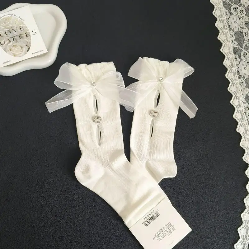 1 Pair Of Women's Hollow Rhinestone Bow Socks With Ruffled Edges, Breathable, Fashionable And Versatile