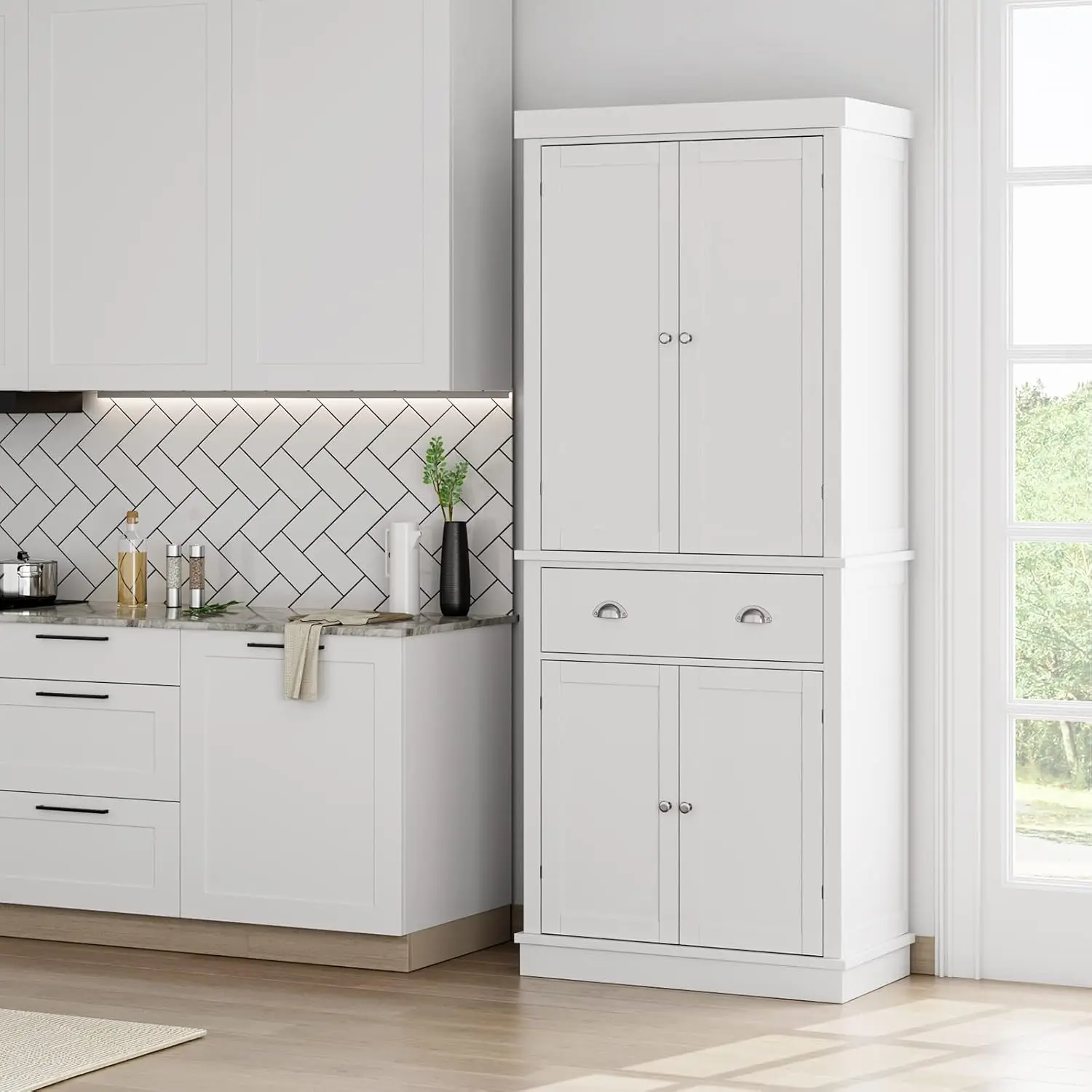 

Utility Pantry Storage Cabinets for Kitchen, Dining Room,Living Room,White ,Freestanding Cupboard with 4 Doors,Drawer, 4 Shelves