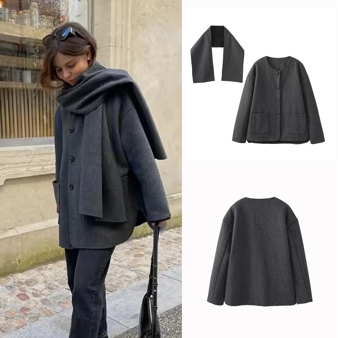 

Fashion Scarf Collar Solid Loose Jacket Women Elegant Single Breasted Coat 2024 Autumn Winter Casual Female Office Outerwear