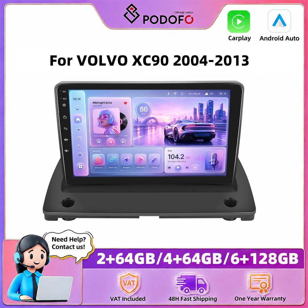 Podofo – autoradio 9 pouces pour VOLVO XC90 2004-2013, Carplay sans fil, Android Auto, systèmes de voiture intelligents, navigation GPS, lecteur multimédia, MirrorLink, BT, WIFI, unité principale