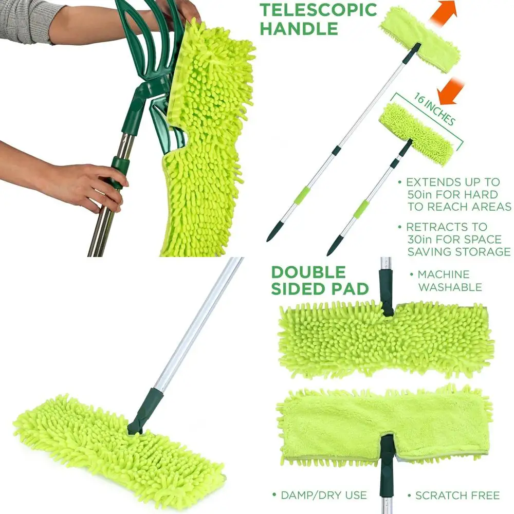 

Adjustable Telescopic Microfiber Mop for Hardwood, Tile, and Laminate Floors - Wet/Dry Cleaning with Swivel Head and Washable Pa