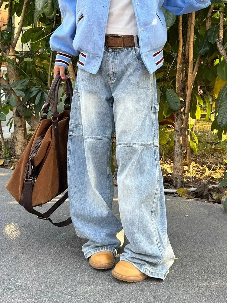 HOUZHOU Vintage Blue Baggy Jeans Women Y2k Harajuku Washed Wide Leg Jeans Female Grunge Korean Fashion Streetwear Denim Trousers