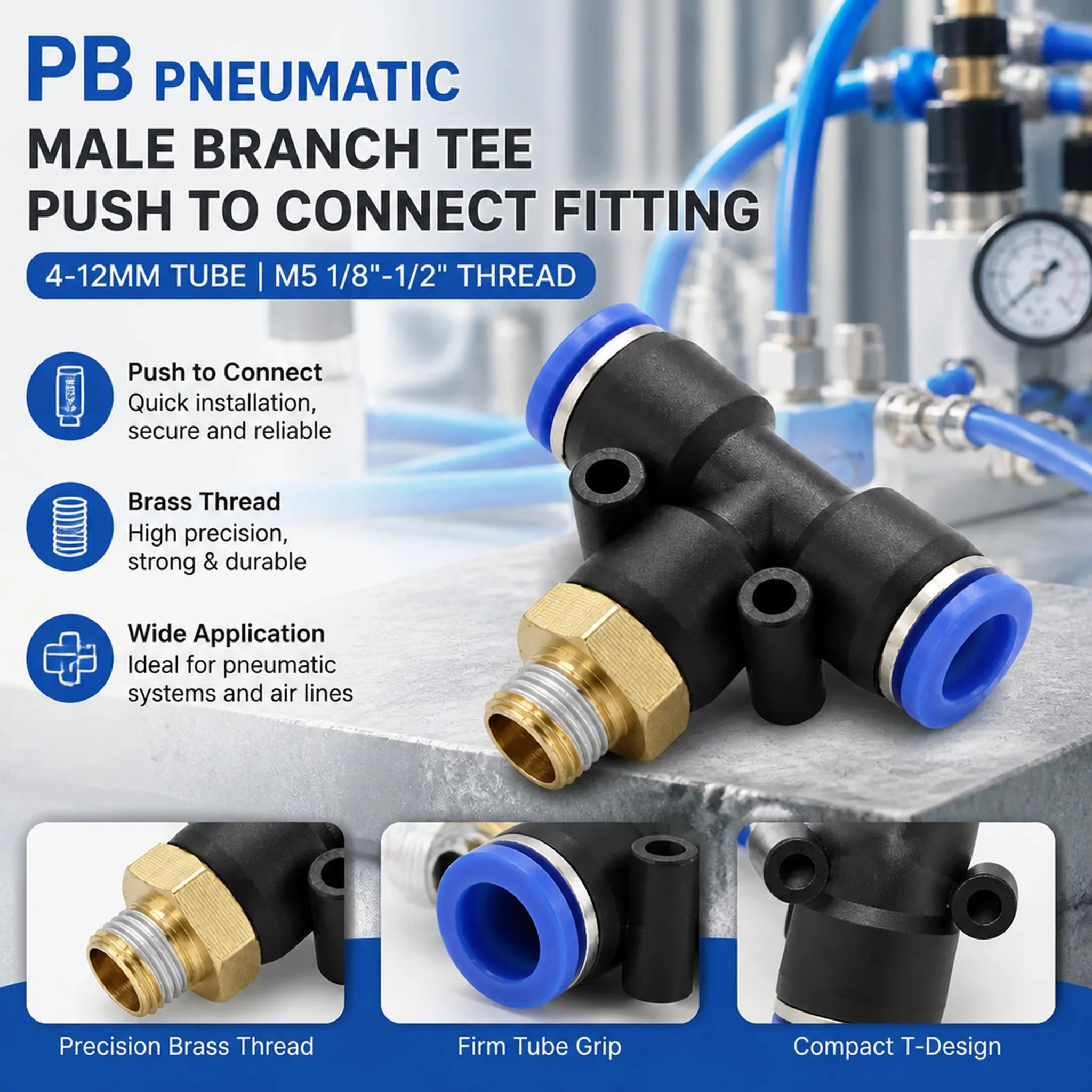 PB Pneumatic Male Branch Tee Push to Connect Fitting 4-12mm Tube M5 1/8-1/2 Thread Air Connector for Hose Pipe