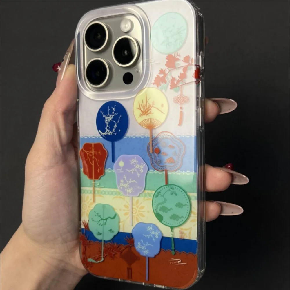 

New Chinese style antique fan illustration phone case suitable for iPhone 16 Promax creative phone case iPhone 15 anti drop