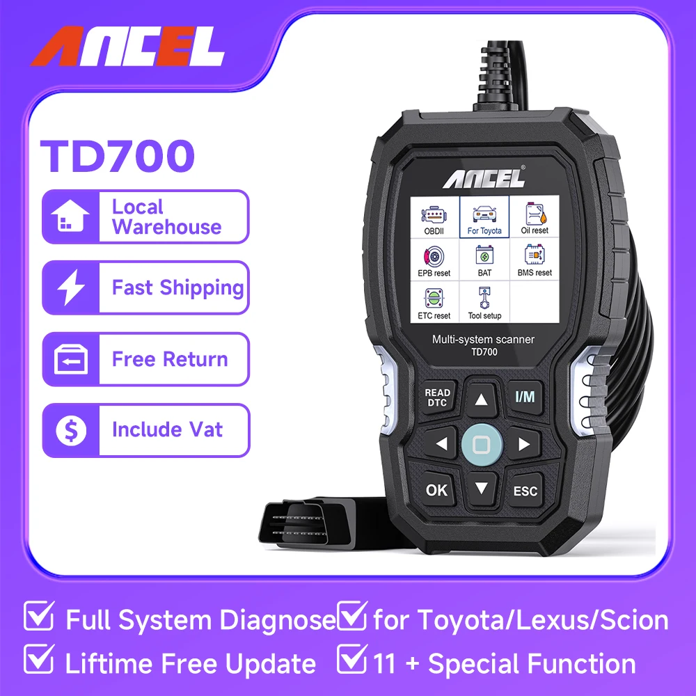 

ANCEL TD700 OBD2 Automotive Scanner for Toyota/Lexus/Scion All System TPMS Relearn ABS Engine Airbag Car Diagnostic Scan Tool