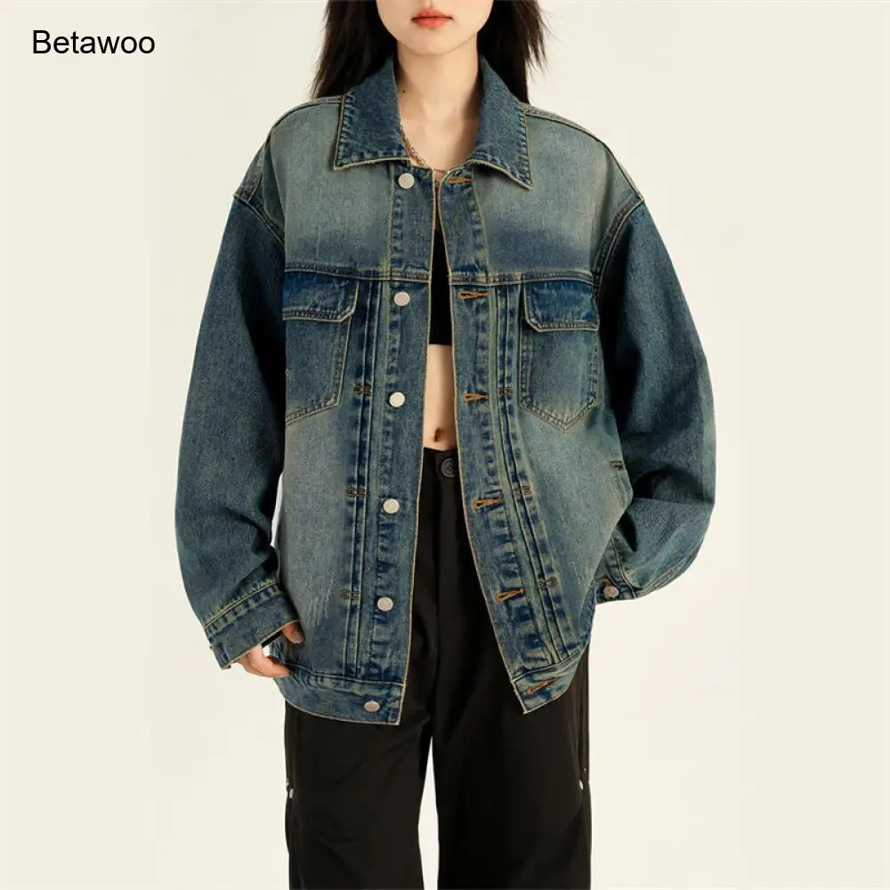 Vintage Blue Oversized Denim Jacket Women Fashion Loose Fit Casual Trucker Coat