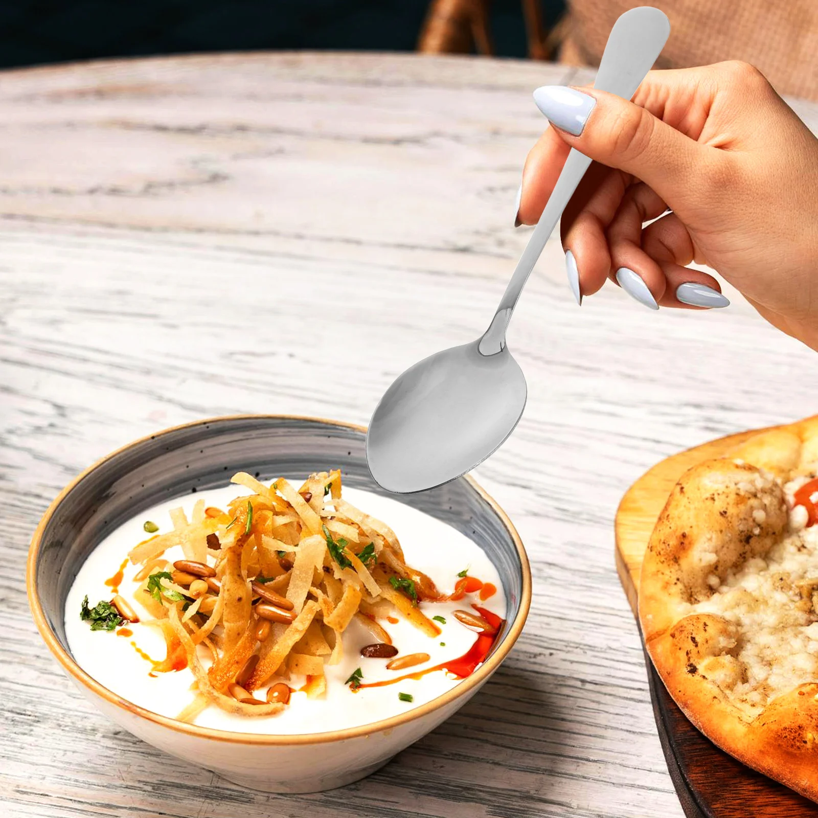 

12 шт., половки для супа из нержавеющей стали, маленькие ложки для риса, полированная сервировочная ложка для супа, нескользящая канавка, удобная кухня