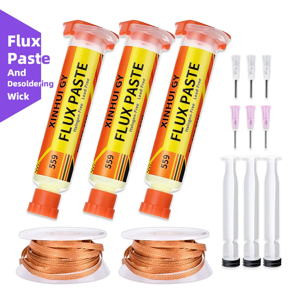 Kit de Fio Dessoldador 559 + Pasta de Fluxo NC-559 em Seringa, Conjunto de Fios para Remoção de Solda para Reparo e Retrabalho de Componentes Eletrônicos PCB
