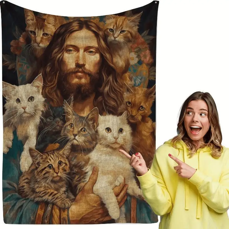 Oil Painting Cat Jesus Print Flannel Blanket - Soft Warm All-Season Nap Blanket for Office Camping Travel and Multipurpose Gift