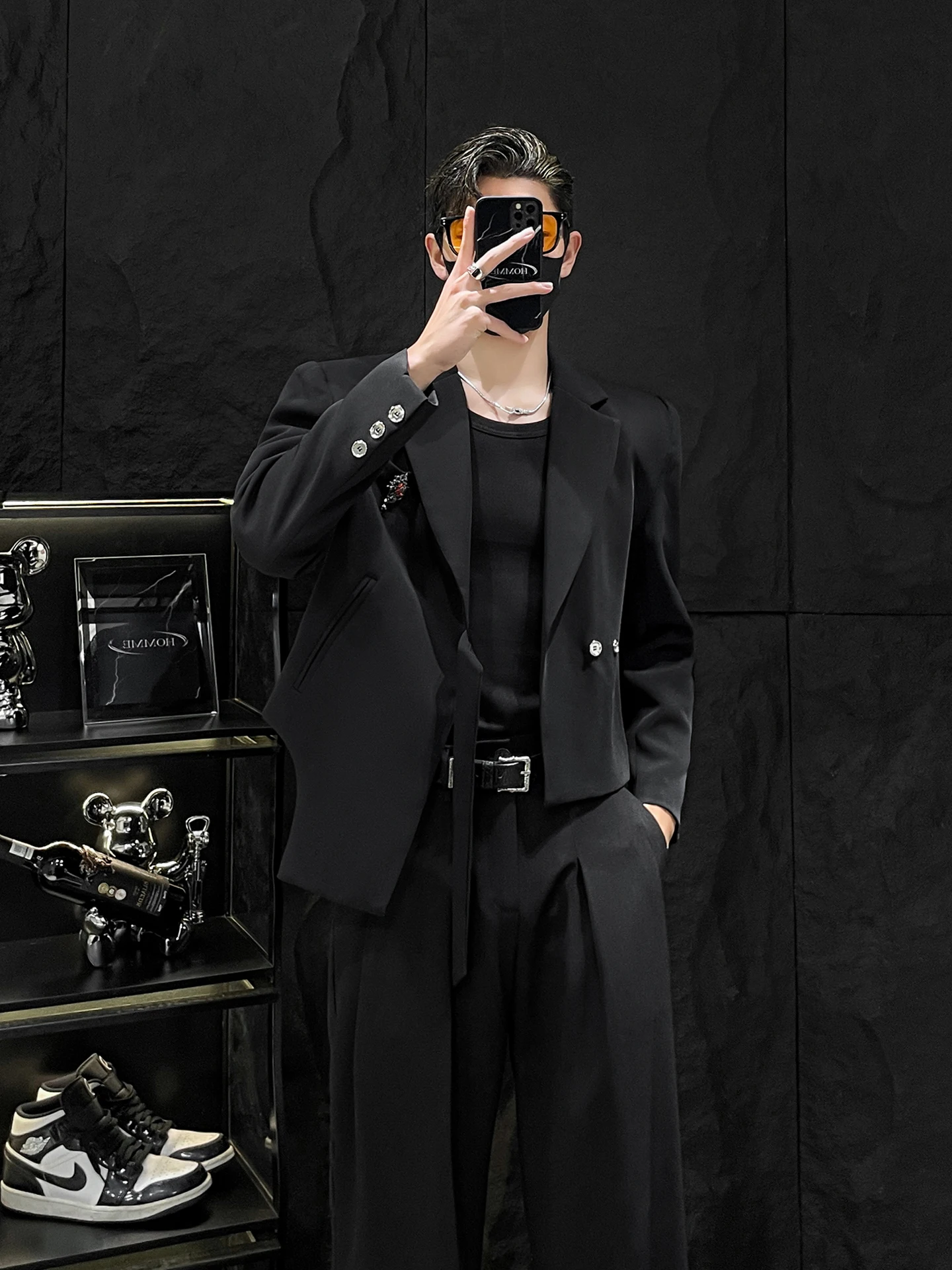 

Asymmetric ort Bla Suit Jaet for Men Homme No Stop Mirror Design oulder Pad Small Western Sle Casual Faion