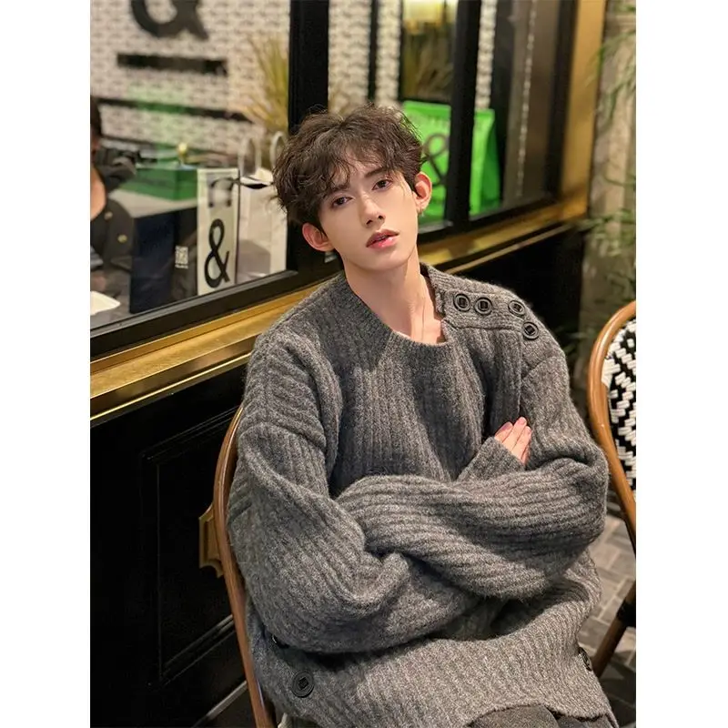 cleanfit dark gray pit pattern sweater men's winter heavyweight lazy style buttoned sweater niche splicing sweater y2k ins emo