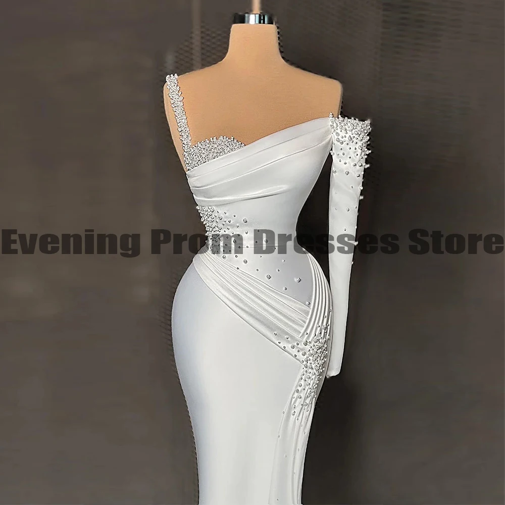 Fashionable Minimalist Women's Evening Dresses Mermaid One Shoulder Long Sleeve Beaded Princess Prom Gowns Formal Beach Wedding