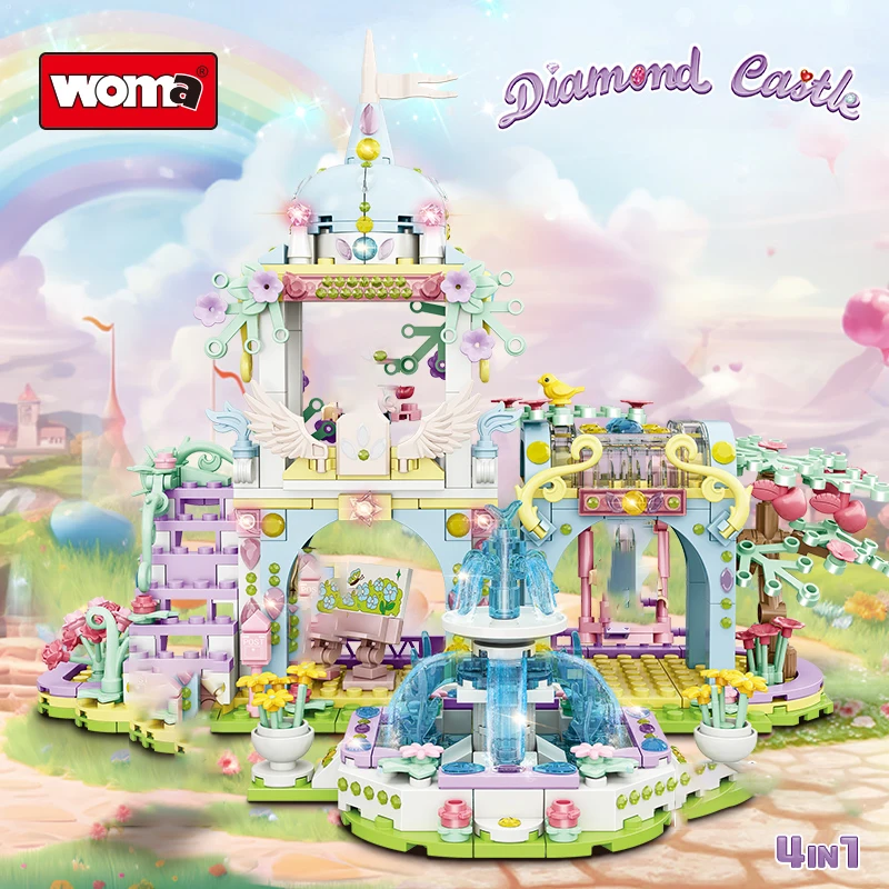 

4 in 1 Fairyland Diamond Castle Bricks Set Princess Castle with Fountain Building Toys for Girls