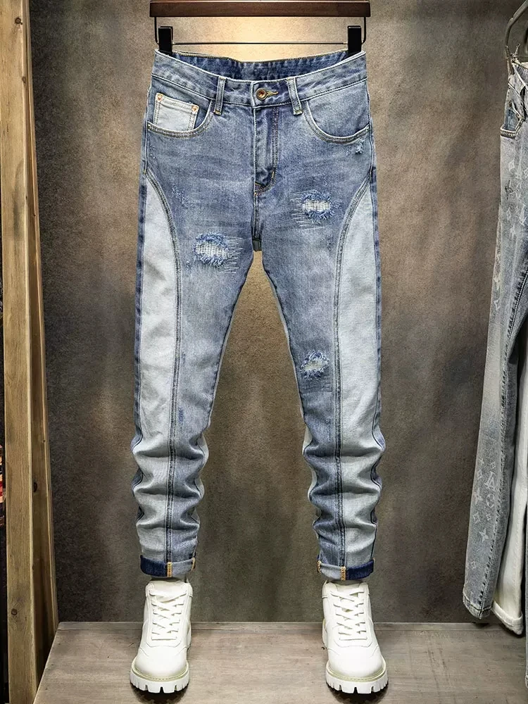 High Street Fashion Men Jeans Spliced Designer Retro Blue Elastic Slim Fit Hole Ripped Jeans Men Hip Hop Denim Pants Hombre