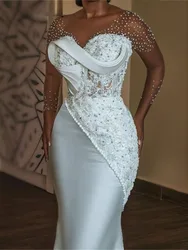 Luxo pérolas frisado sereia vestido de casamento africano sheer o pescoço mangas compridas aso ebi vestidos de noivado espartilho novia