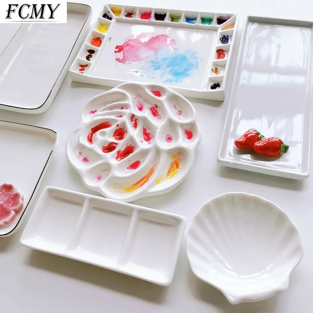 Ceramic Palette Watercolor Painting Dish Kawaii Kitten White Porcelain Color Palette Office Profession Painting Art Supplies