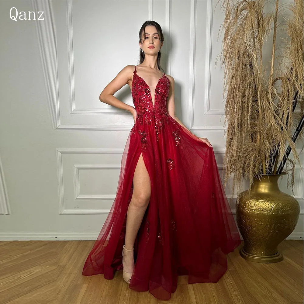 

Qanz Burgundy Exquisite Lace Prom Dresses Spaghetti Straps Long A Line Formal Occasion Dresses Tulle Leg Slit Evening Dresses