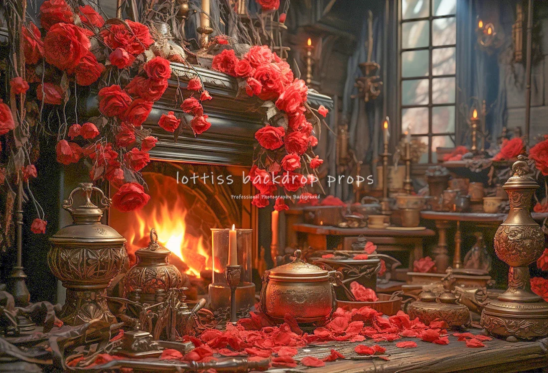 ローズキャッスル バレンタインデー背景幕 キッズガール写真撮影 子供大人フォトコール装飾 花柄木製ドア背景