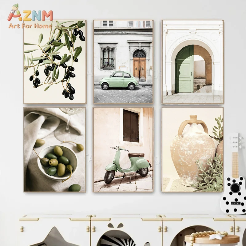 AZNM Mediterranean Rural Landscape Canvas Wall Art, Olive Branch Vintage Car Building Rustic Neutral Aesthetic Home Living Room