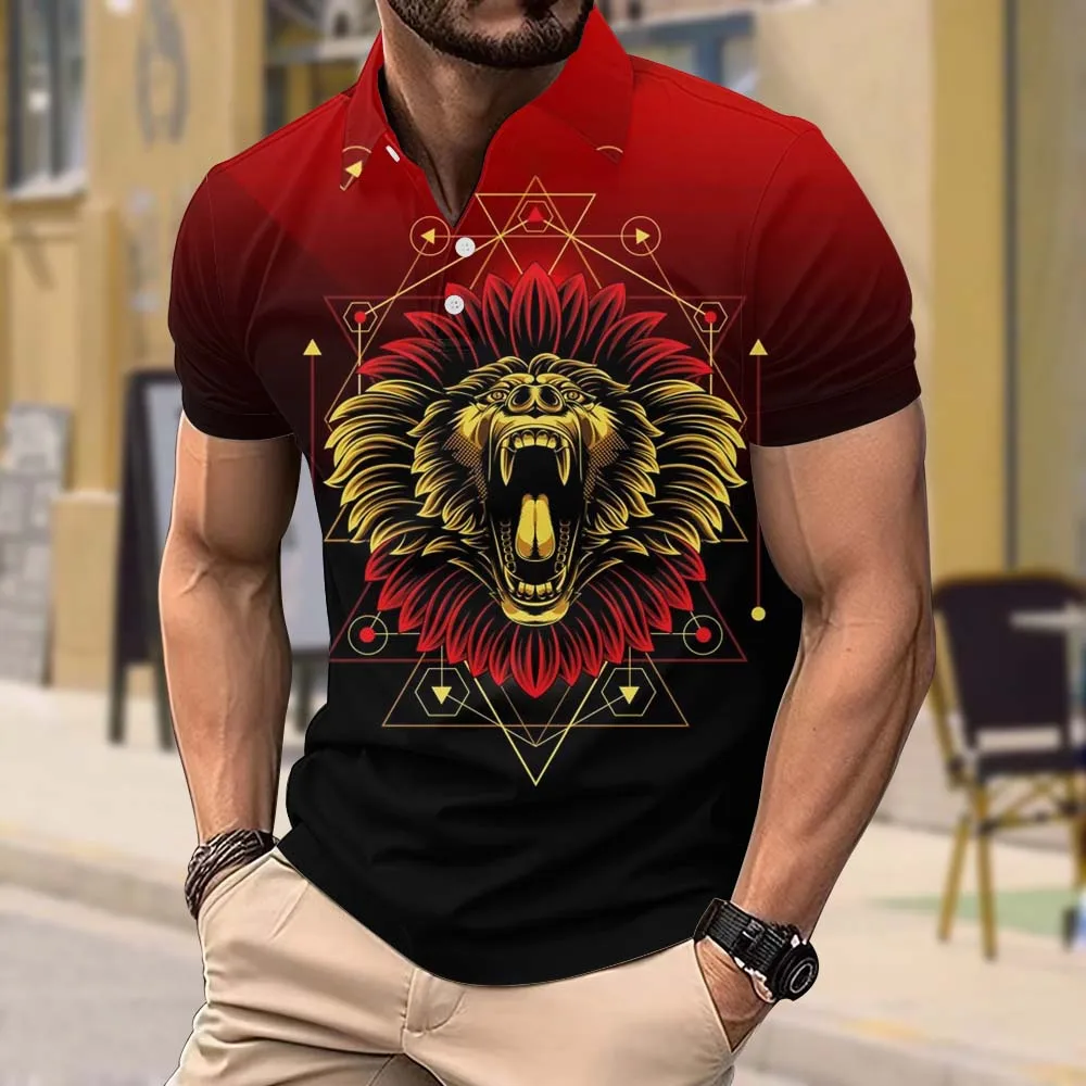 Men's Black Polo Shirt New Lion Head 3d Printed Short-sleeved Top Golf Sports Quick-drying Polo Casual Large Size Men's Clothing