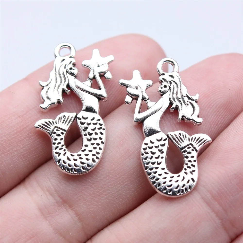 20pcs 14x28mm(0.55x1.1inch) Antique Silver Color Hand Holding Star Mermaid Charms Pendants DIY Jewelry Making Accessories