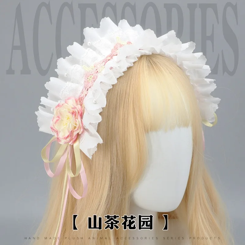 Joli cerceau de cheveux doux avec nœud papillon, bandeau de Cosplay de demoiselle d'honneur, accessoire de couvre-chef à fleurs en dentelle Lolita, fait à la main