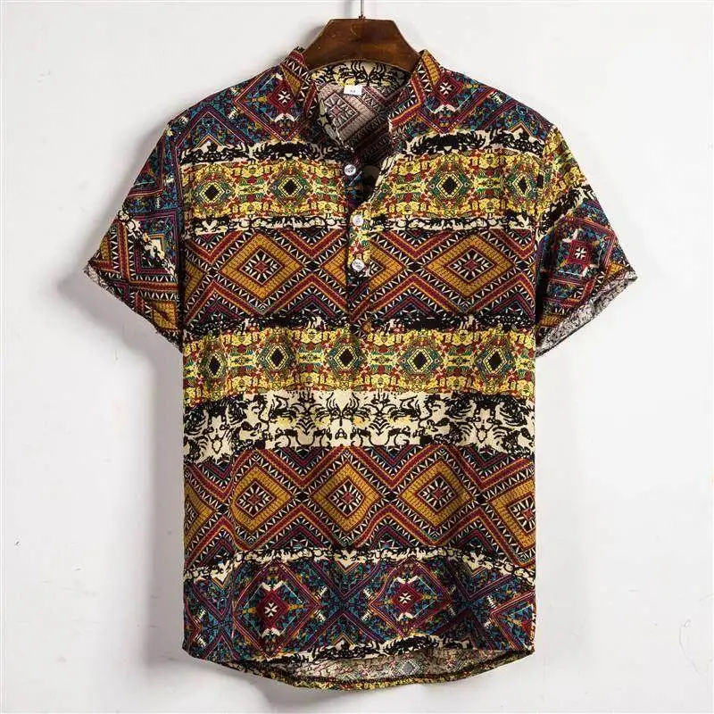 

Loose Fit Floral Print Short Sleeve Polyester Fiber Men's Summer Shirt Stand Collar Casual Comfortable Big Size Clothing