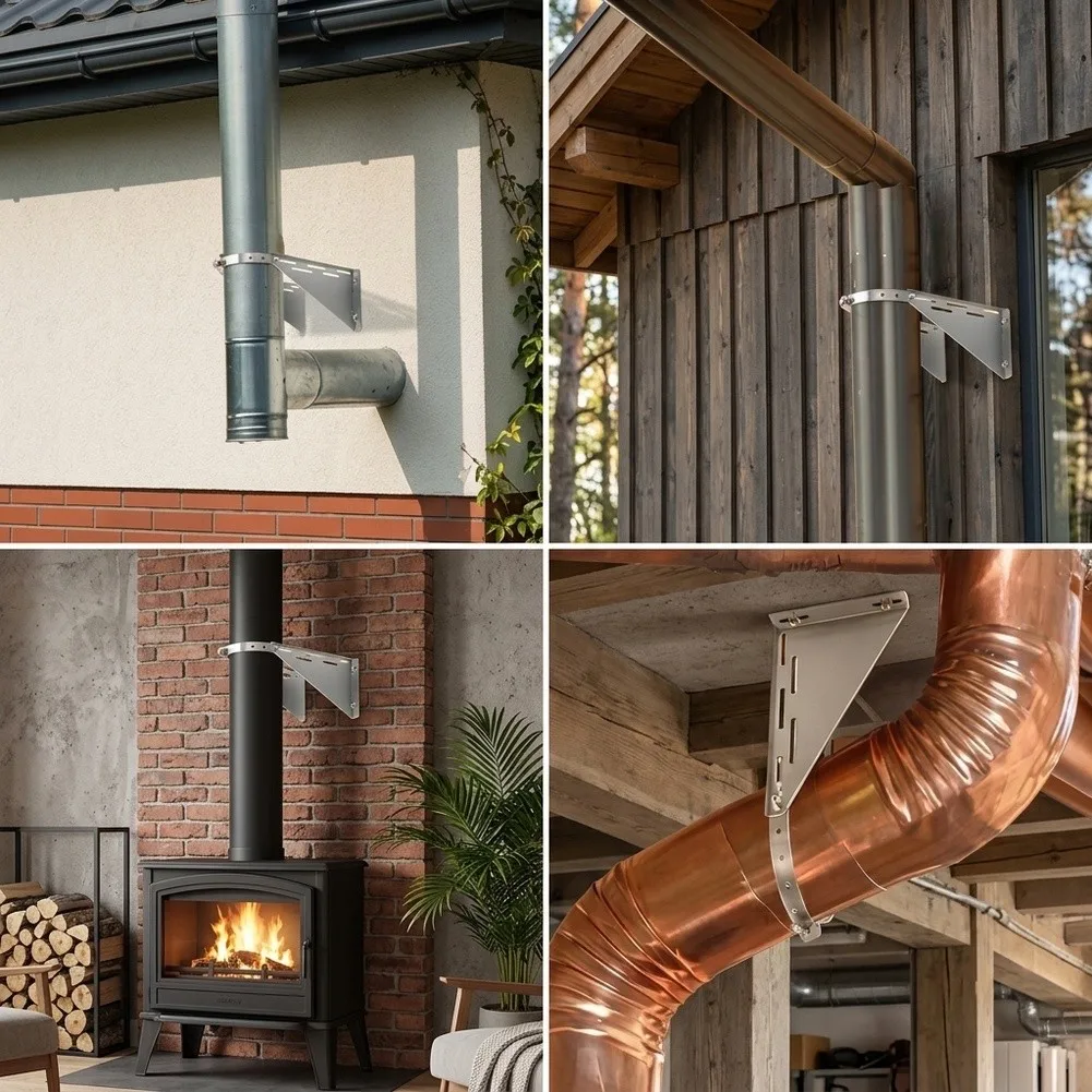6Inch Chimney Pipe Wall Bracket, Adjustable Support For Dual Wall Fireplace Tubes, Flue Stabilizer= For Home Heating Systems