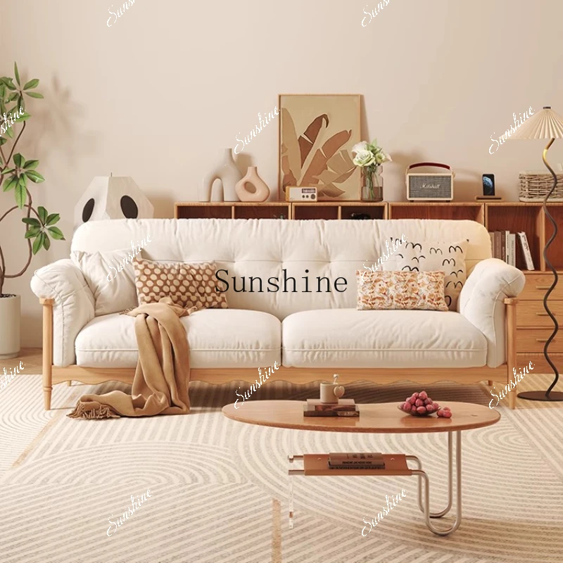 Small apartment living room retro cloud cream straight row cat scratching fabric sofa  FT