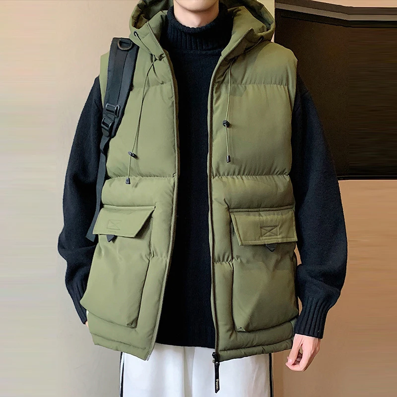 KIDWHXR Winter Men Cargo Vest Windproof Thicken Multi-pocket Male Hooded Parkas Waistcoat Outdoor Sport Casual Man Coat Vest