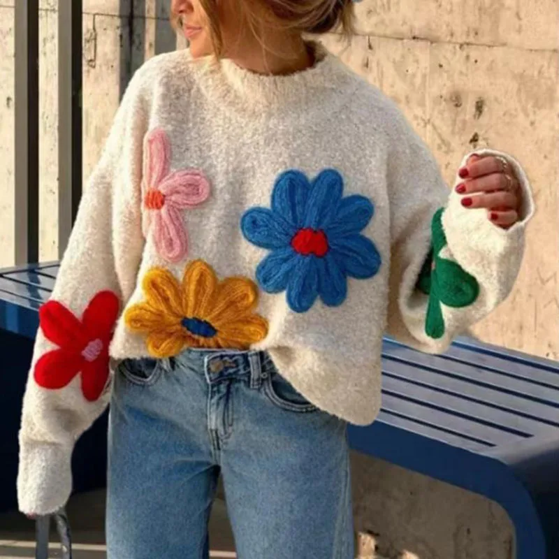 

2025 New Style Women's Clothes European Colorful Small Flowers Sweater Women's Embroidered Pullover Knitted Shirt