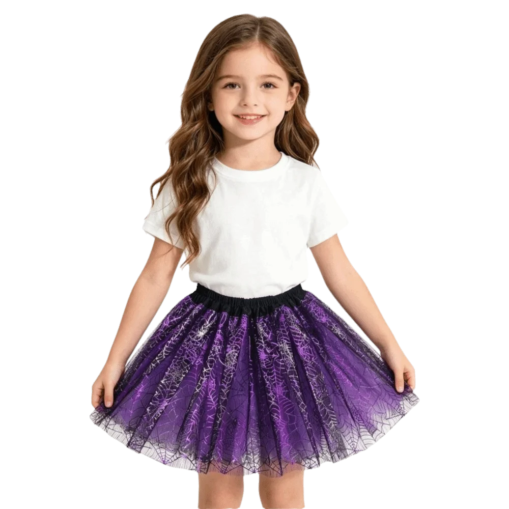 Mesh Kids Tutu Skirt Pom Pom Short Length Girls Mesh Puffy Skirt Puffy with Lamp Beads Kids Pom Pom Skirt Halloween