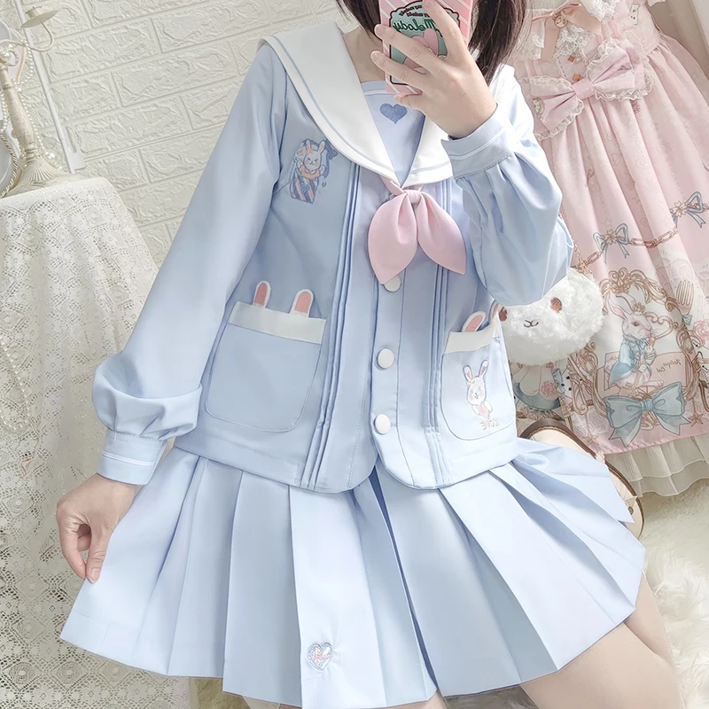 Japanese Style JK Uniform Sailor Collar Cartoon Blue White Color Matching Long Short Sleeve Pocket Top Skirt Embroidery Set Girl