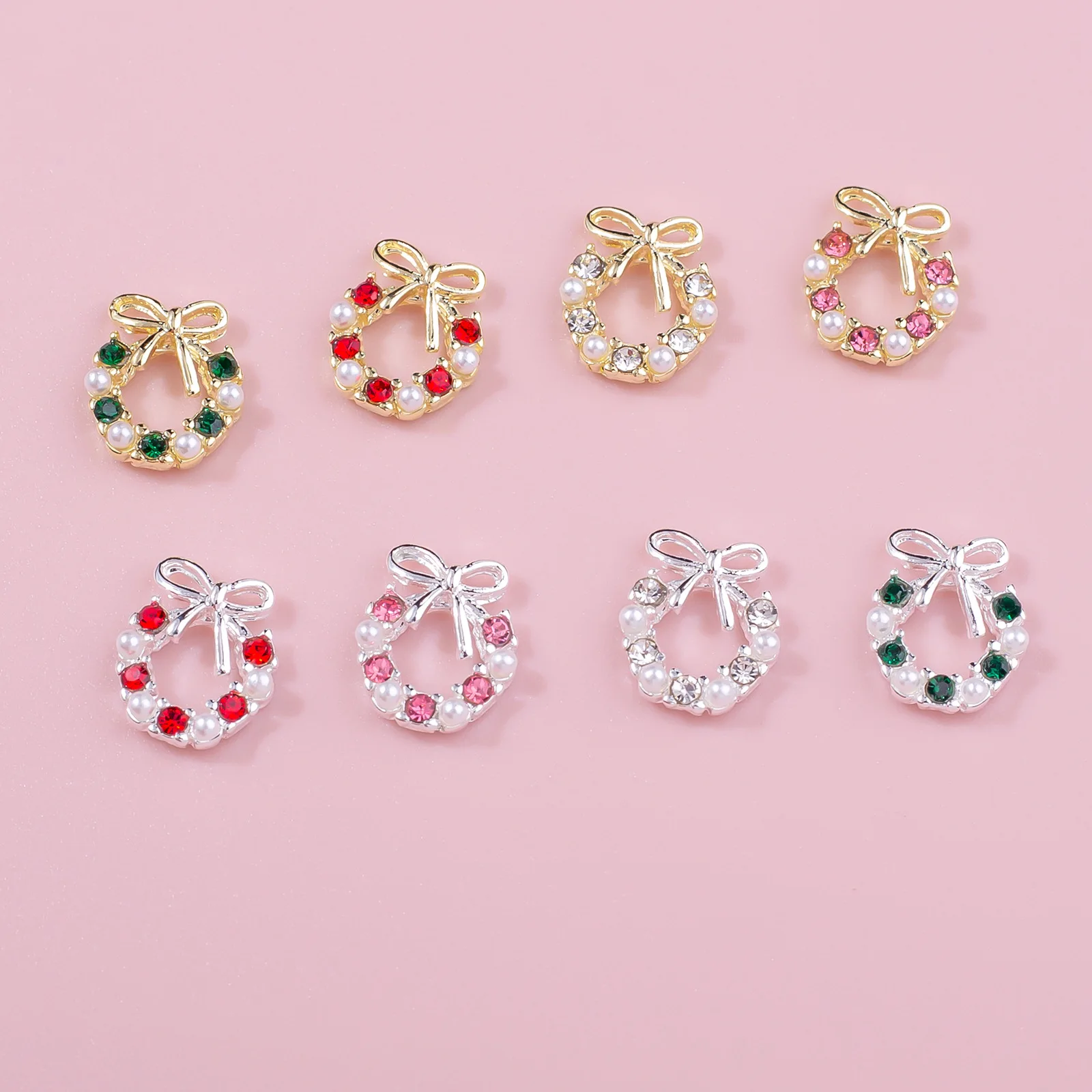 10pcs Trendy Christmas Gem Ornament Wreath Bow Nail Art Jewelry Luxury Charming Alloy High Quality Nail Accessories