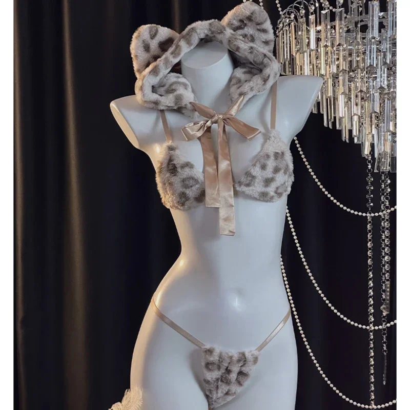 

Милая кошка для девочек, леопардовая милая униформа горничной, женские эротические костюмы в стиле аниме, мягкий плюшевый комплект нижнего белья с тремя точками, комплект нижнего белья 2024