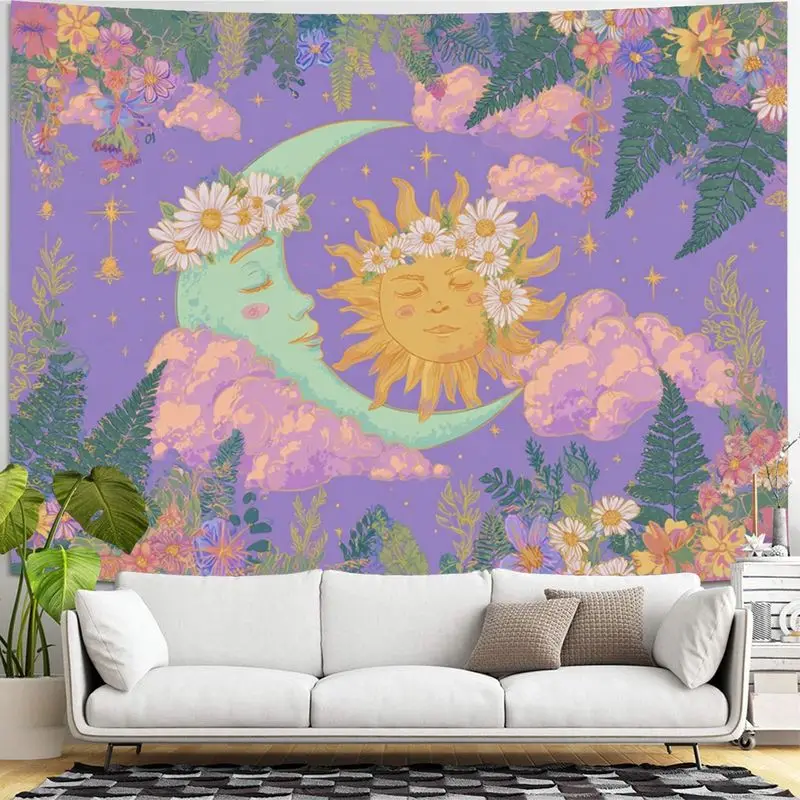 VIKAMA Bohemian Sun and Moon Tapestry Purple Mysterious Aesthetic Wall Mounted Backdrop Fabric Home Decor