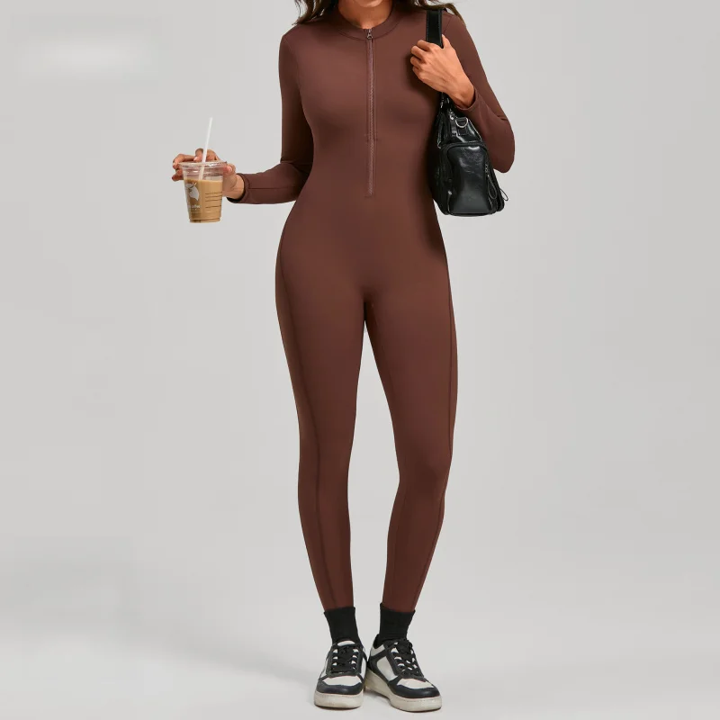 Zippered Long Sleeve Nude Feel Yoga Jumpsuit For Women Outdoor Fitness Sports Long Pants One-piece Tight-fitting Female Outfit