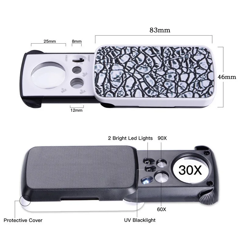 30X 60X 90X Pockets Magnifying Magnifier LED Lighted Eye Loupe with UV Light For Jewelry Diamonds Gems Coins Stamps Rocks new