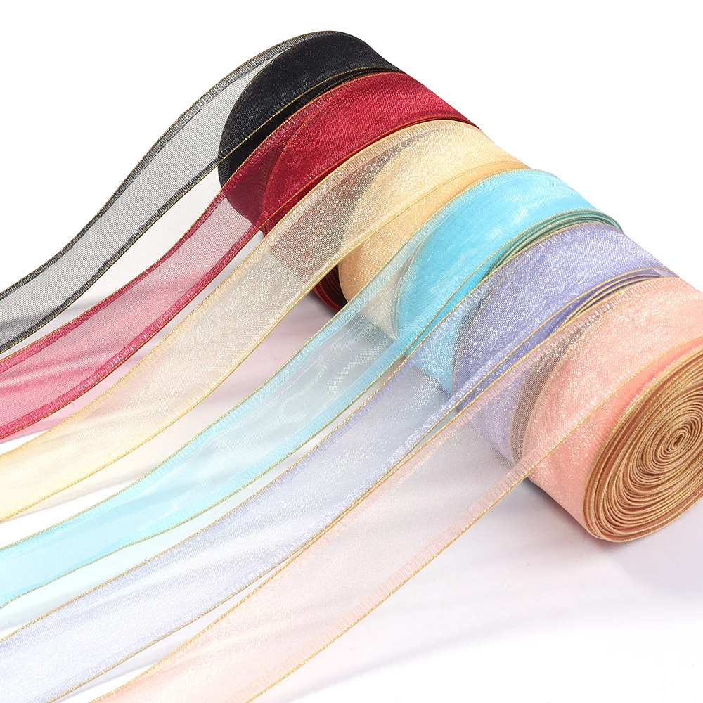 5 Yards 2,5 cm Goldrand Chiffon Gaze Bänder Buntes Verpackungsband für Festival Hochzeit Dekor DIY Weihnachtsgeschenke Verpackung