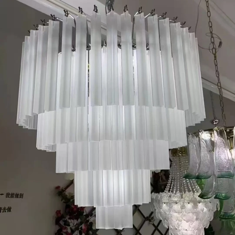 Round Tiered Murano Style Glass Tube Chandelier, Modern Waterfall Frosted Glass Hanging Pendant Lamp For Living Room Dining Room
