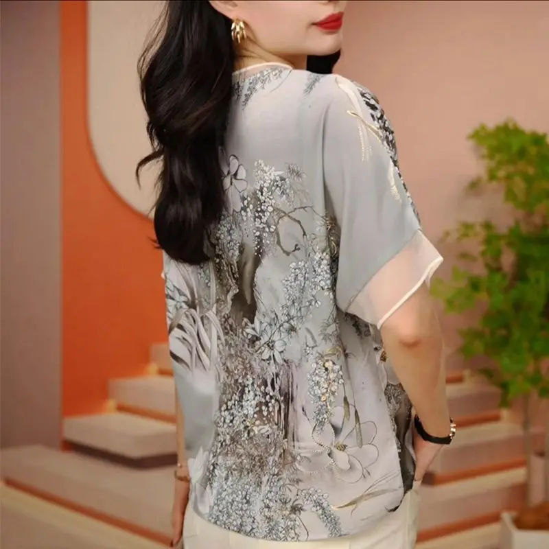 Women Clothing Summer Fashion Floral Print Mesh Patchwork Elegant T Shirt Ladies Casual O Neck Short Sleeve Oversized Chic Tops