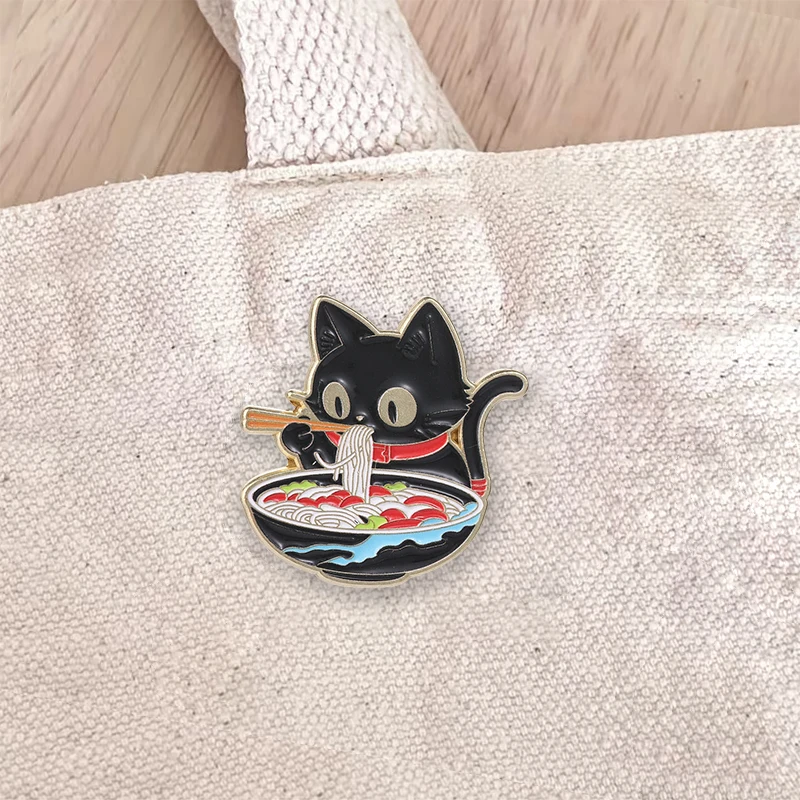 Cute Comic Black Cat Eating Ramen Noodles Enamel Pin Japanese Food Lover Brooch Lapel Badge Gift For Cat Lovers