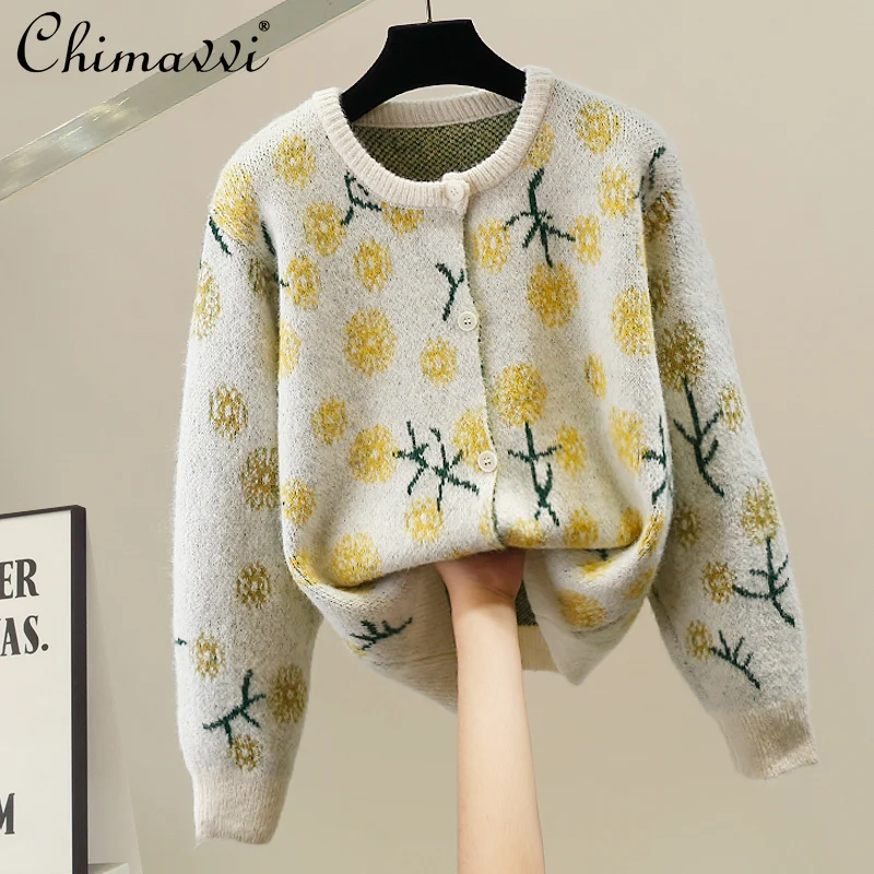 

2025 Autumn Winter New Korean Fashion Heavy Flower Round Neck Sweater Coat Sweet Girl Loose Elegant Long Sleeve Knitted Cardigan