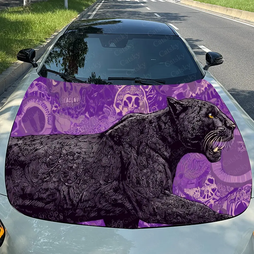 

Car Decal Purple-Background Panther in Lateral Dynamic Posture with Intricate Ornate Artistic Design Car Hood Sticker, Waterproo