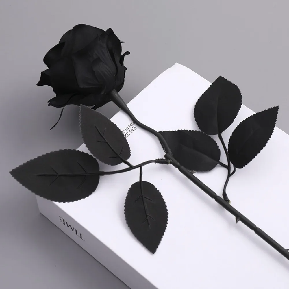 Pure Black Artificial Black Rose Flowers Silk Gothic Style Simulation Rose Bouquet Realistic Fake Rose Flower