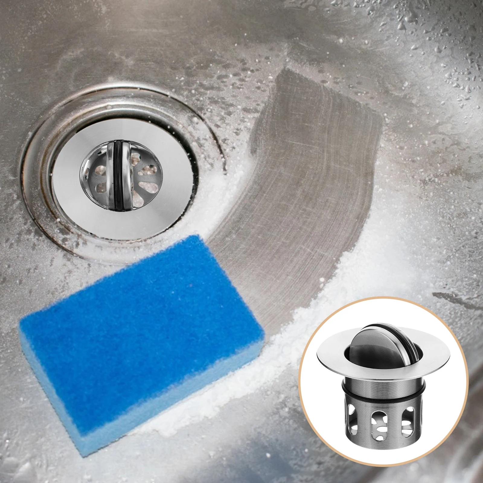 

2Pcs Stainless Steel Sink Basket Strainer Durable Rustproof Kitchen Drain Stopper Sink Flips Cover Drainer Basket Strainer