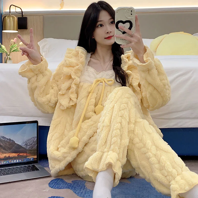 

Pajama Ladies Winter Long Sleeve Loose Coral Velvet Cartoon Cute Warm Flannel Thickened and Fleece Set Home Wear Sleepwear